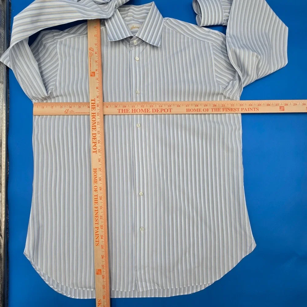 Brioni Italy Men's Striped Cotton Dress Shirt 16 41 Light Blue Tan Spread Collar